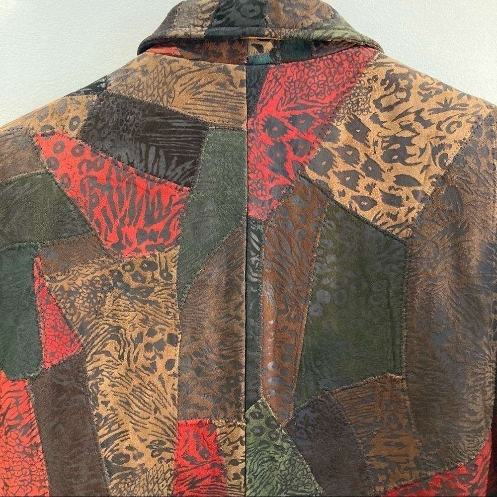 KROSHETTA Sz M Leather Patchwork Knee Length Colourful Lined Coat with Pockets - Picture 7 of 11